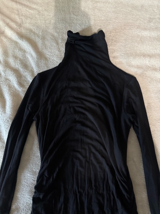 Halogen Black Ruched Turtleneck Bodycon Dress Midi Long Sleeve Stretch Pullover - Picture 3 of 5